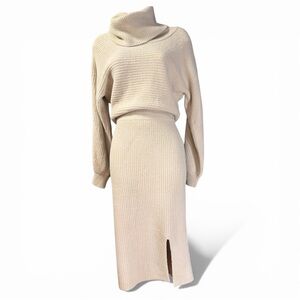 Cream 2 Piece Sweater Skirt Outfit Cowlneck Long Sleeve Top Side Slit Midi Skirt